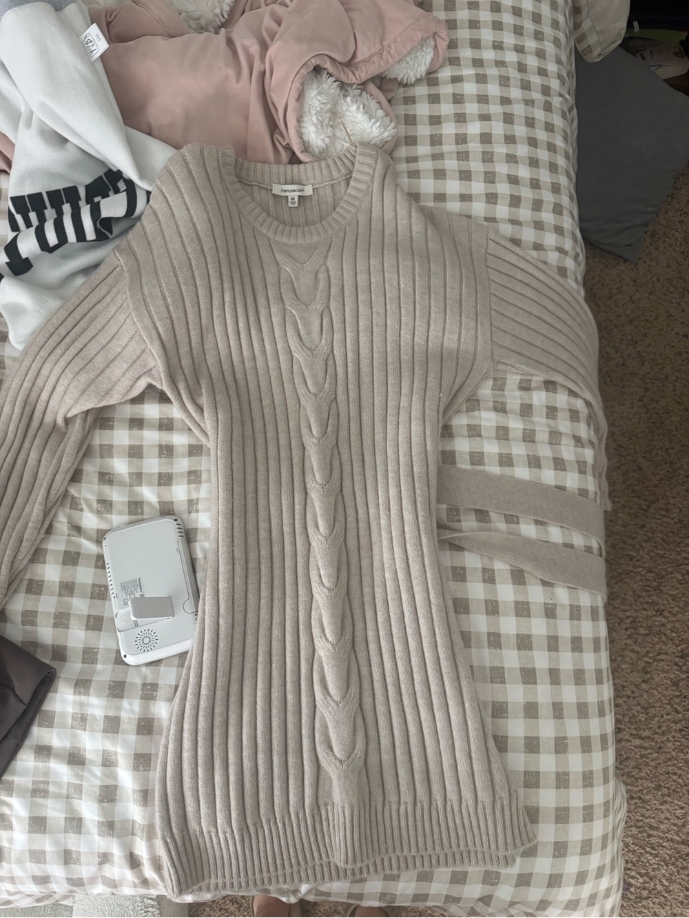 Francesca's Collections Beige Ribbed Cable-Knit Sweater Dress